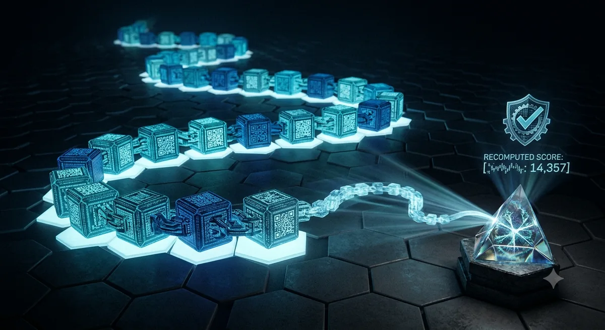 A hash-chained trail of moves crossing a game board toward a prism that recomputes the score