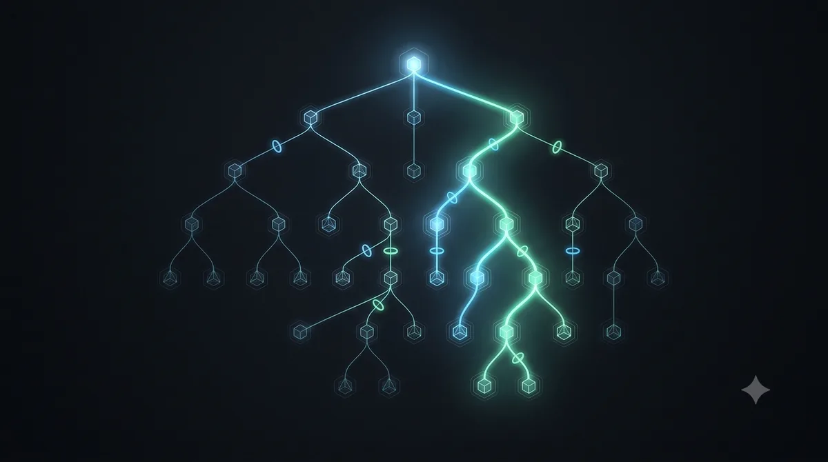 A glowing abstract syntax tree of sealed, content-addressed nodes