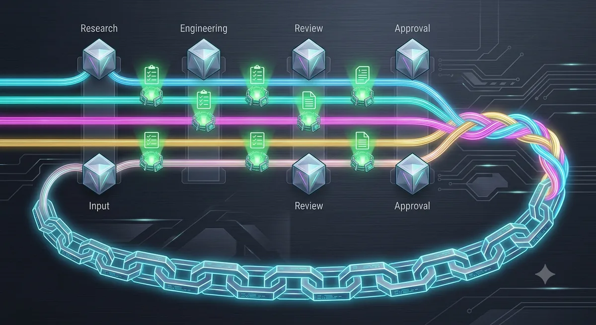 A pipeline of agent roles with evidence gates, threads braiding into a chain of memory