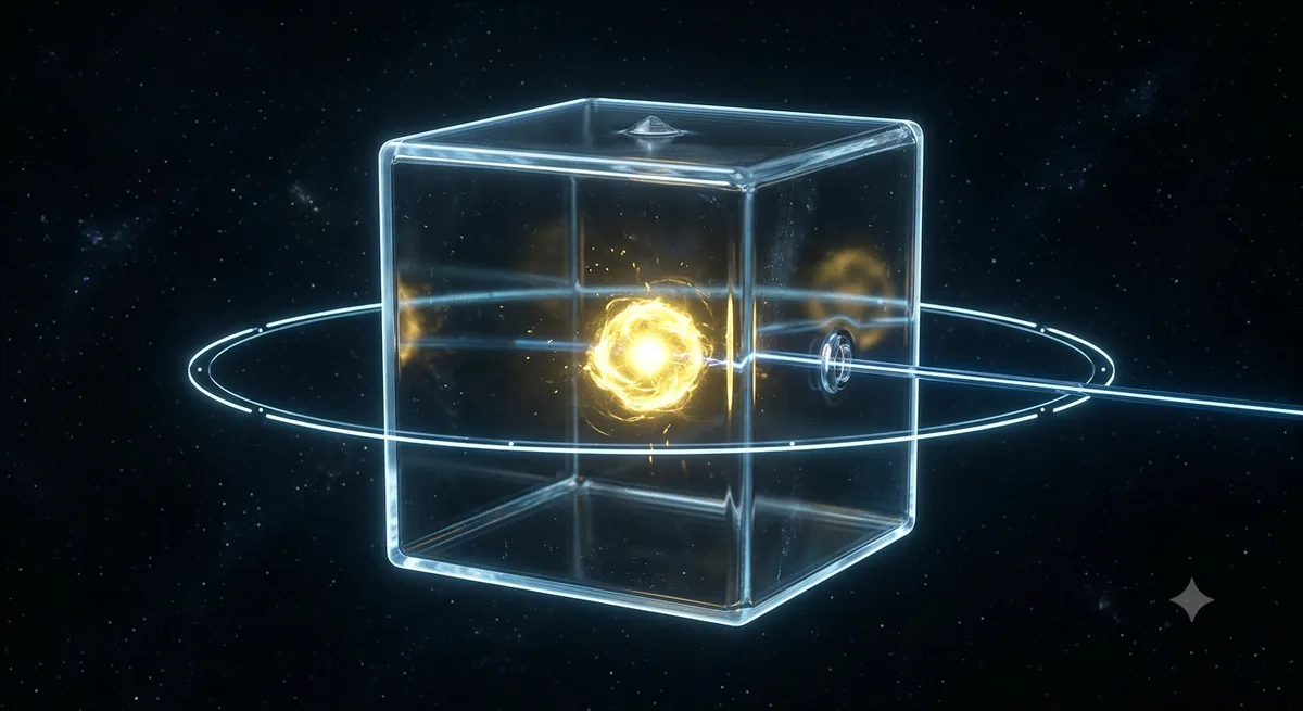 A sealed translucent cube containing a bright orb, watched by an external orbit ring