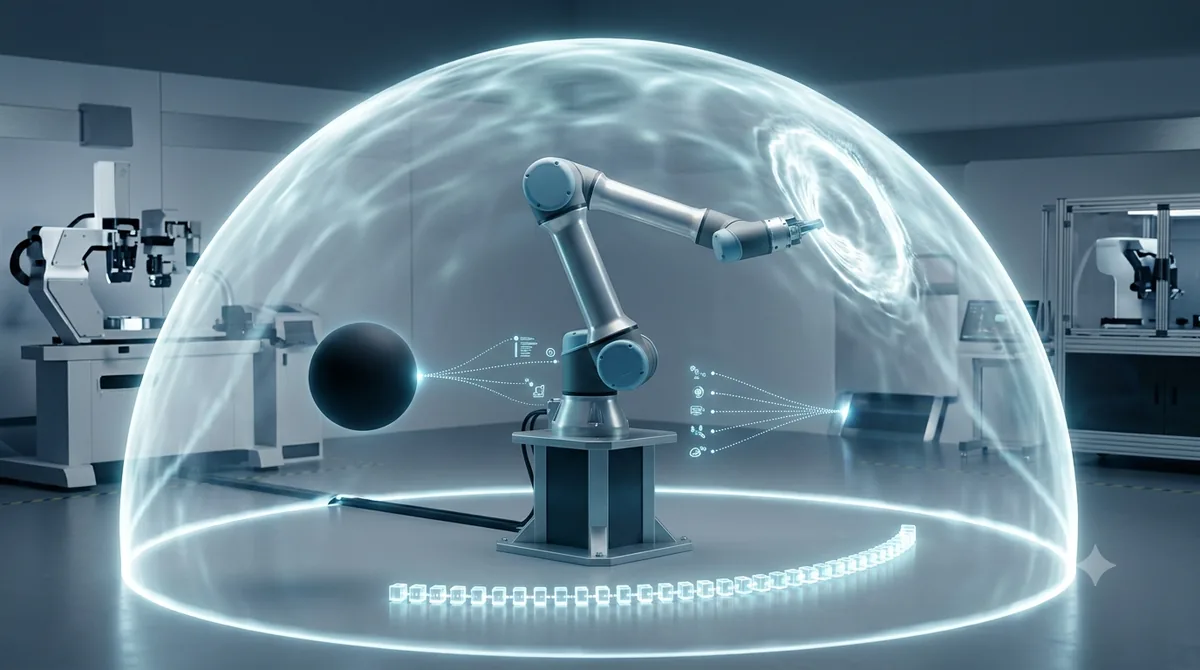 A robot arm operating inside a translucent safety dome, its moves recorded as a trail of blocks