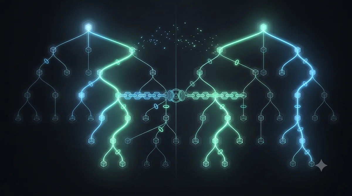 Two organizations of glowing agents bridged across a boundary by a verified chain